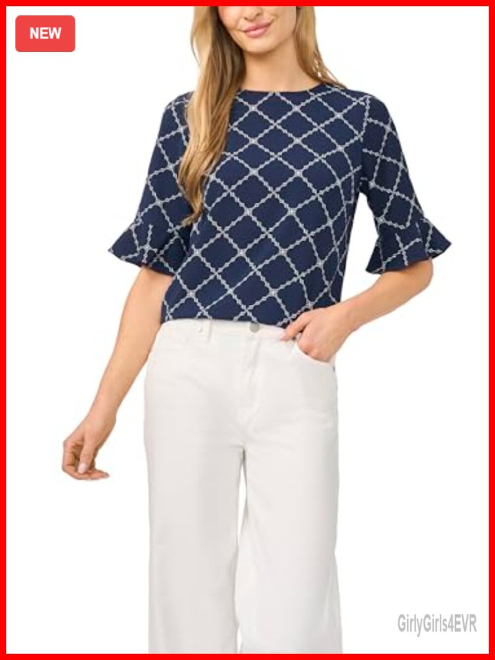 Women's Short Sleeve Ruffle Cuff Crew Neck Blouse – Regular Fit